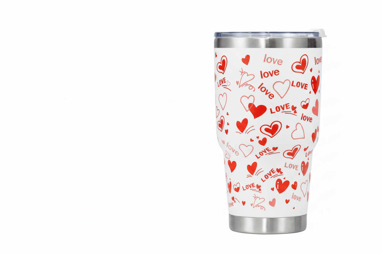 Tumbler with red heart and 'love' pattern on a white background