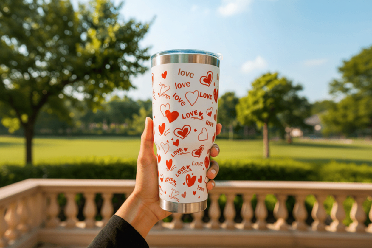Tumbler with 'love' and heart designs held outdoors with greenery in the background