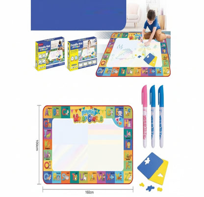 Children's educational play mat with markers and puzzle pieces on a white background