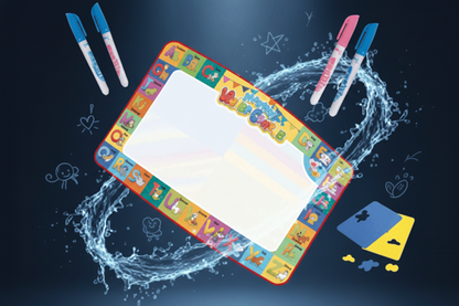 Colorful drawing board with markers on a dark background