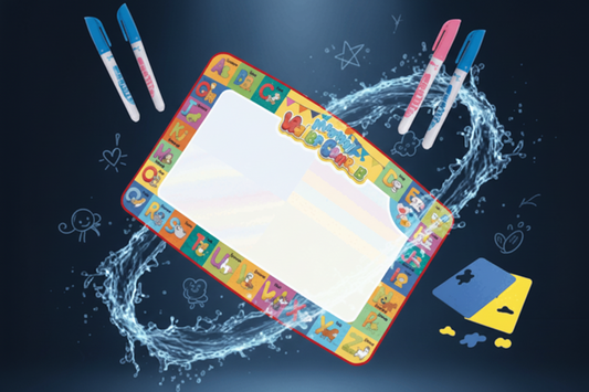 Colorful drawing board with markers on a dark background