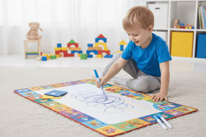 Child drawing on a large mat with colorful toys in the background