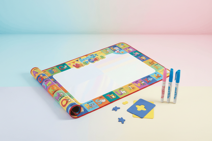 Children's activity mat with markers and puzzle on a gradient background