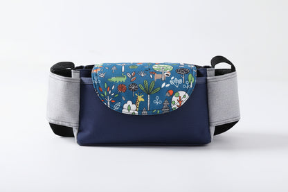 Blue pet carrier with colorful animal pattern on a white background