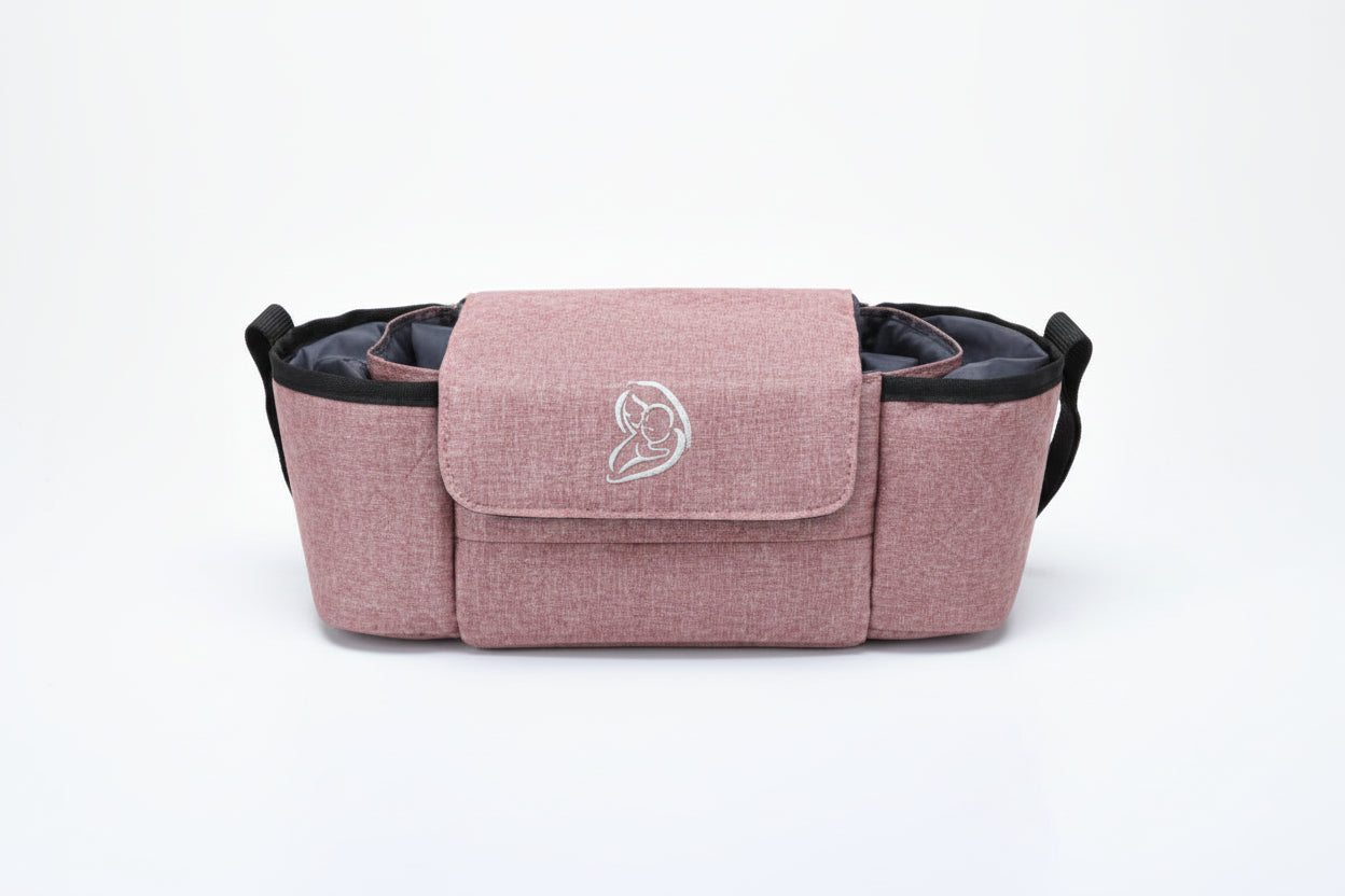 Pink pet carrier with a logo on a white background