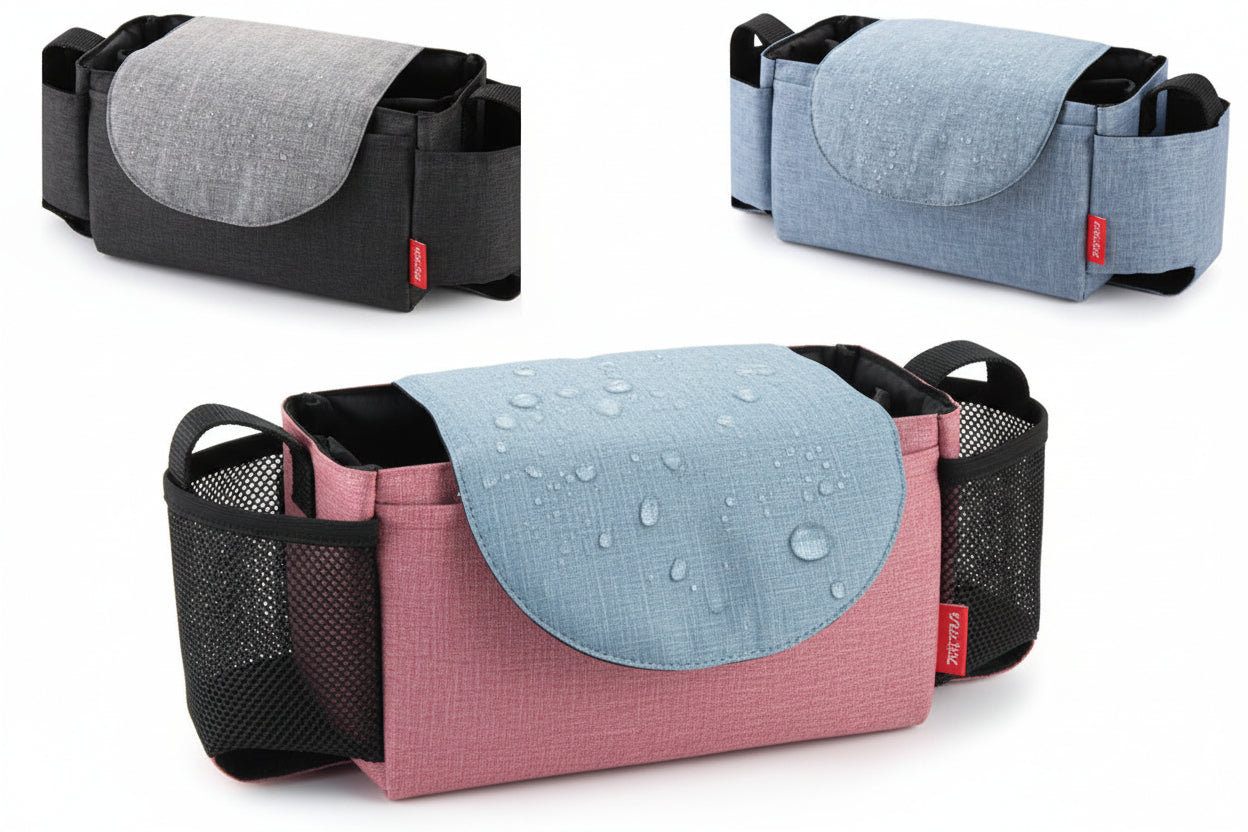 Three portable seat covers in black, blue, and pink on a white background