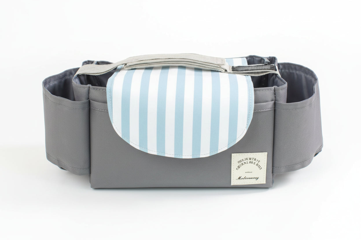 Gray waist bag with a blue and white striped pouch on a white background