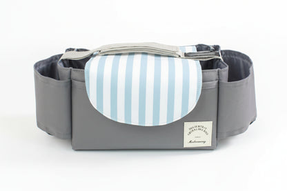 Gray waist bag with a blue and white striped pouch on a white background
