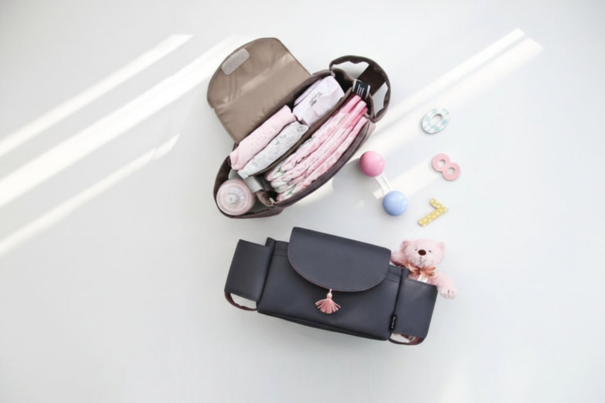Black diaper bag with pink tassel on a white surface, containing baby items.