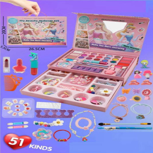 Children's makeup set with accessories on a purple background
