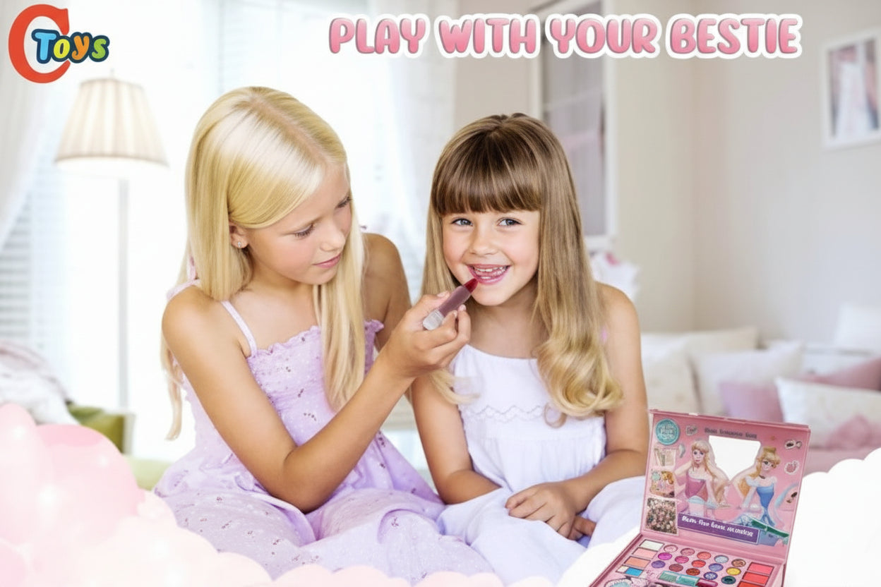 Two young girls playing with a toy makeup set in a room.