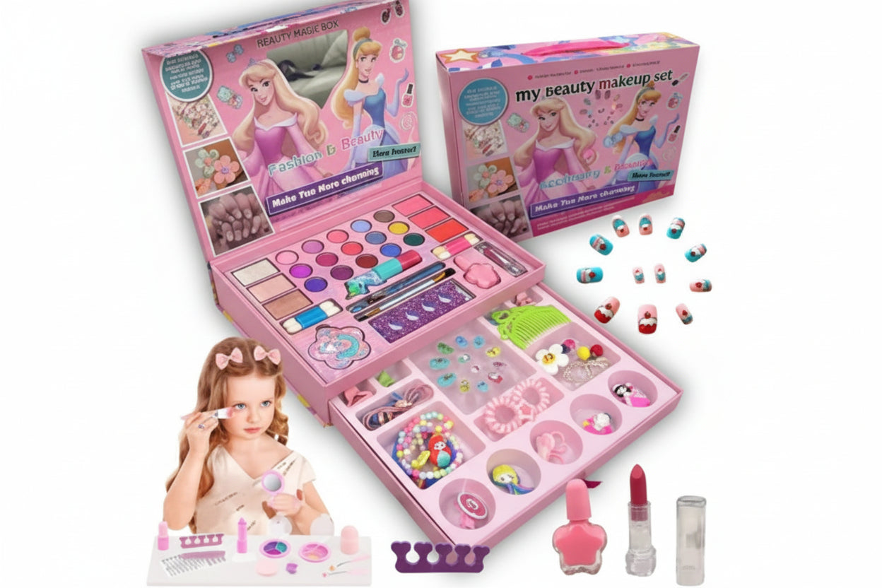 Children's makeup set with princess theme and accessories on a white background