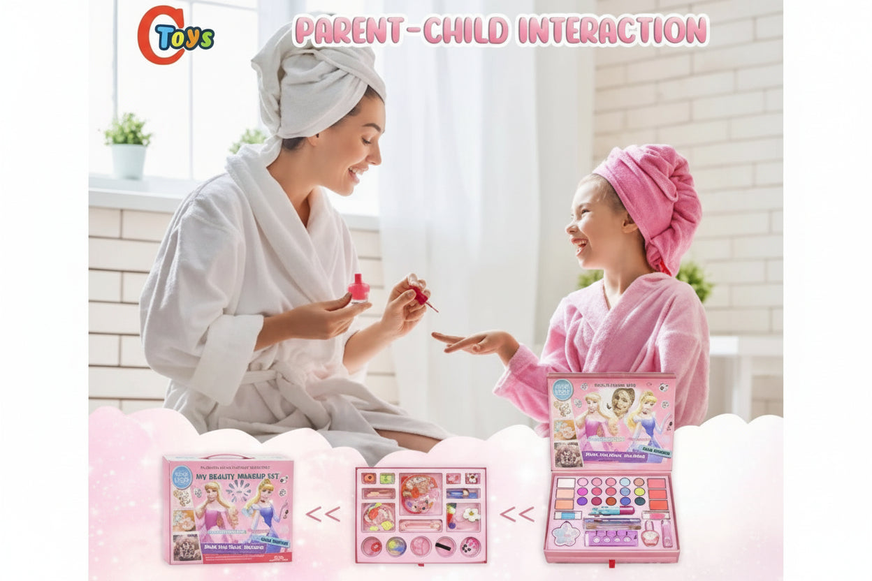 Two women in bathrobes with hair towels interacting with a toy makeup set, labeled 'Parent-Child Interaction'.