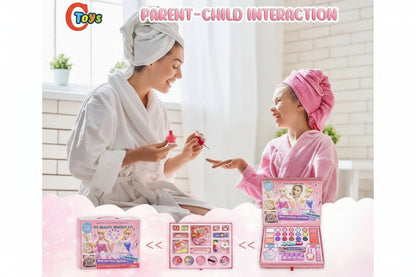 Two women in bathrobes with hair towels interacting with a toy makeup set, labeled 'Parent-Child Interaction'.