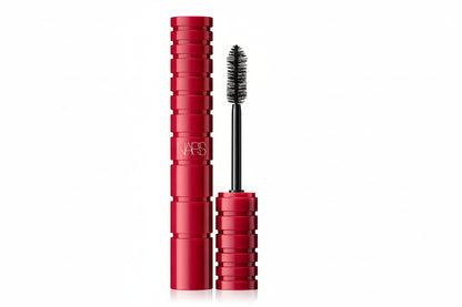 Red NARS mascara with black brush on a white background