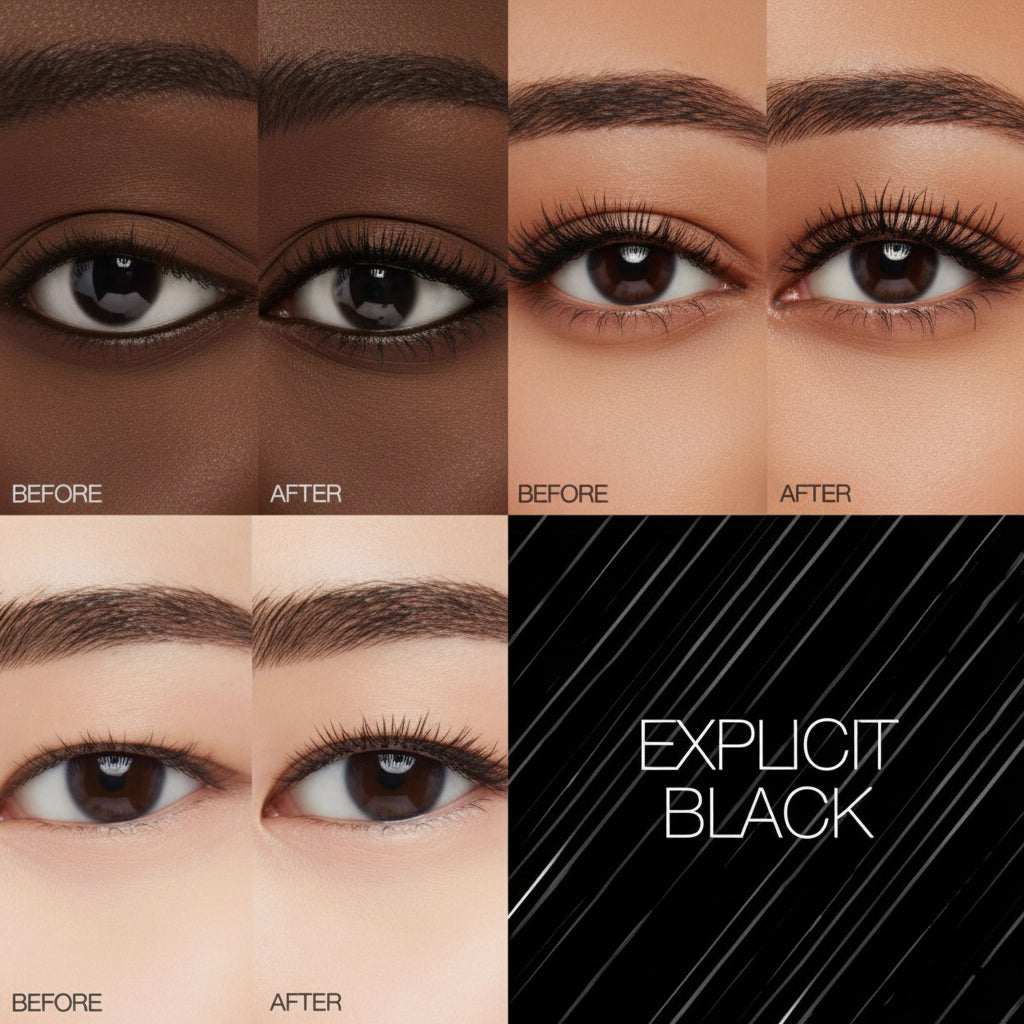 Before and after comparison of eye makeup with 'Explicit Black' label.