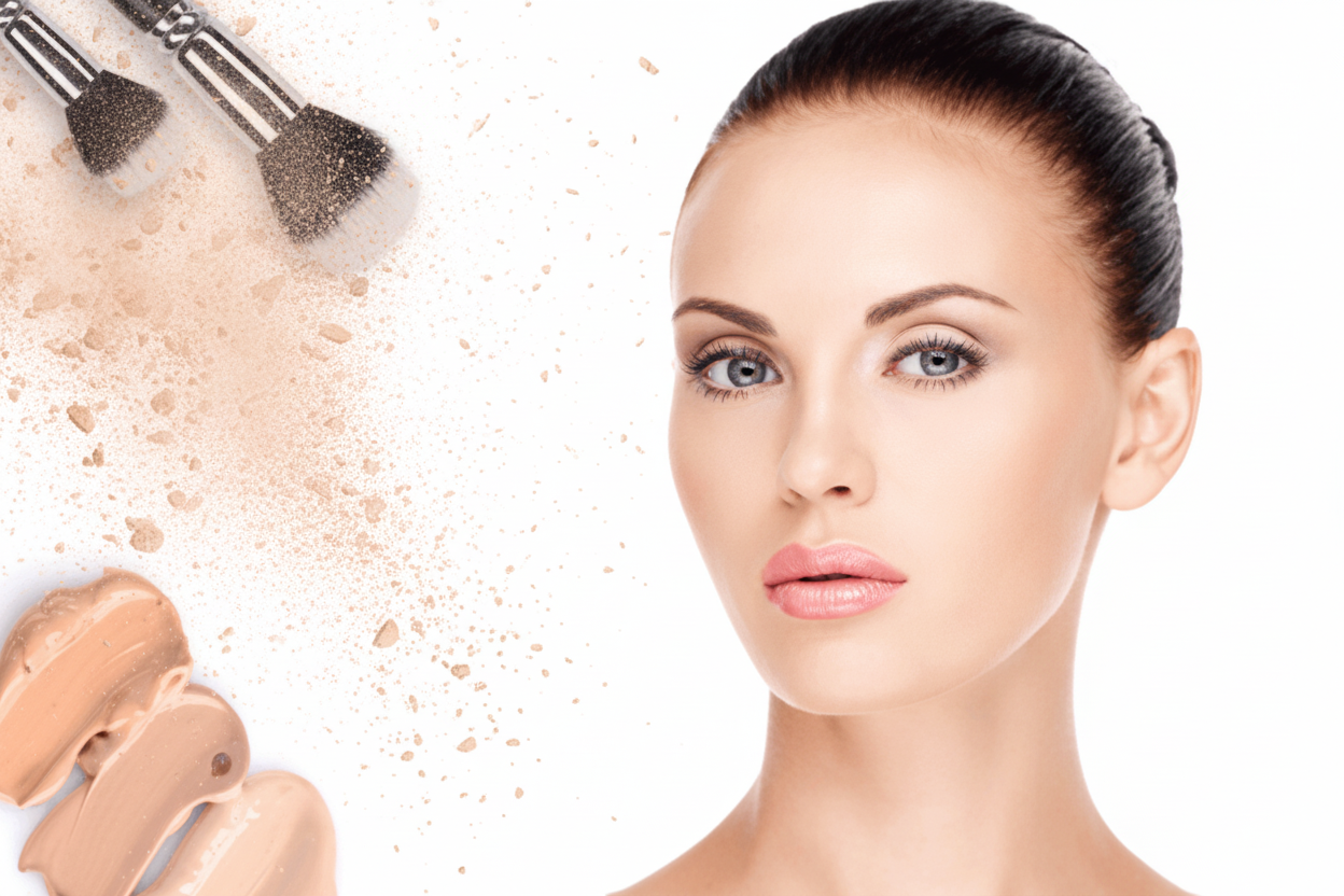 Woman with makeup products and brushes on a white background
