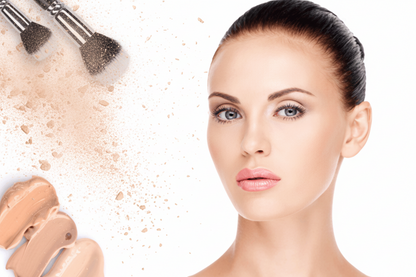 Woman with makeup products and brushes on a white background