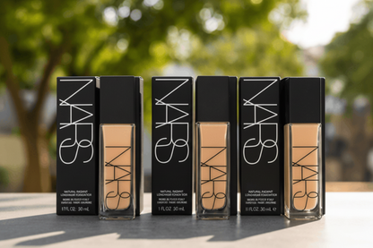 NARS foundation bottles on a table with blurred greenery in the background