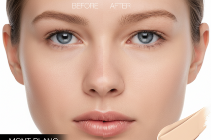 Before and after comparison of a cosmetic product application on a person's face with Mont Blanc branding.