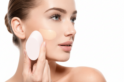 Woman applying cream to her face with a white applicator on a white background
