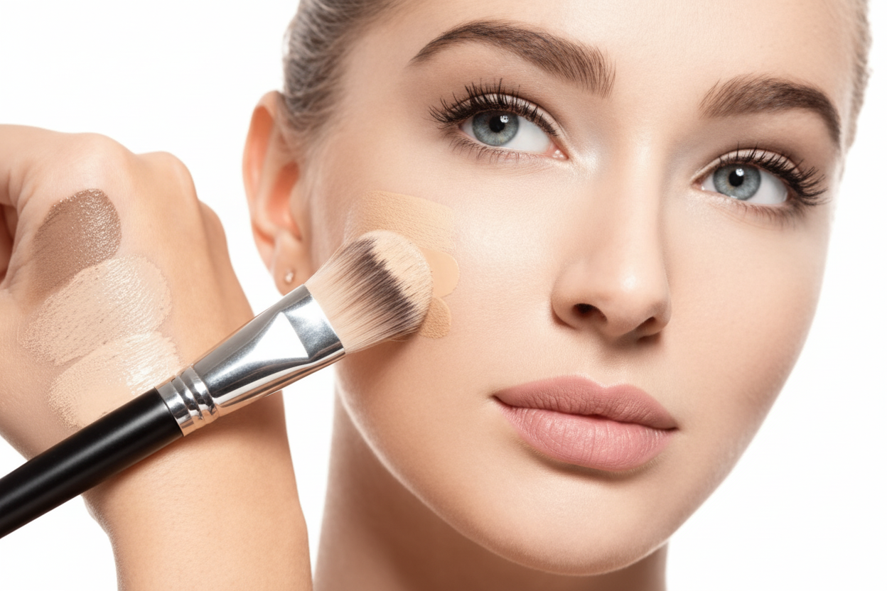 Woman applying makeup with a brush on her face, showcasing different shades.
