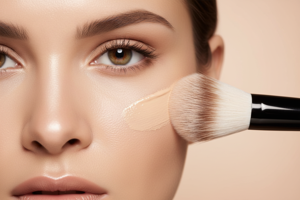 Makeup brush applying cream to a person's face with a close-up view.