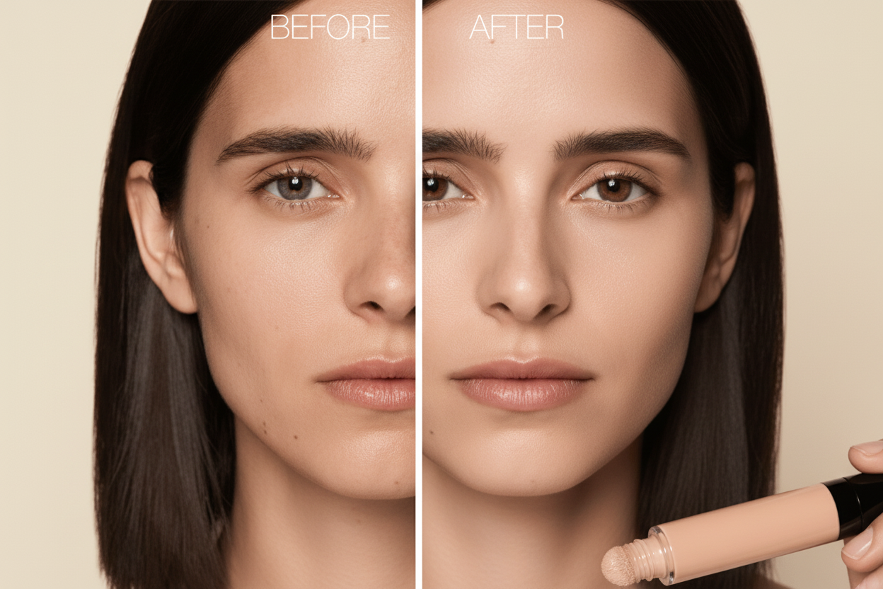 Before and after comparison of a woman's face with visible makeup changes.