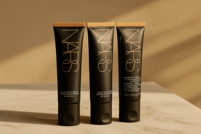 Three NARS cosmetic tubes on a beige background