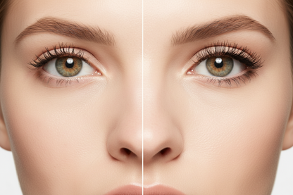 Side-by-side comparison of a woman's face with and without makeup on a beige background