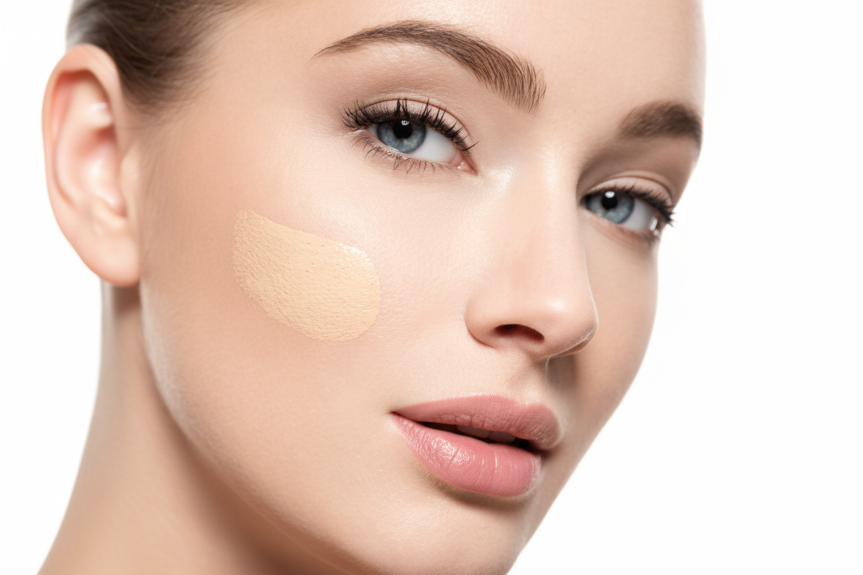 Close-up of a woman's face with makeup application on her cheek