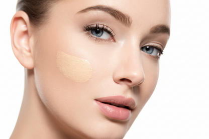 Close-up of a woman's face with makeup application on her cheek