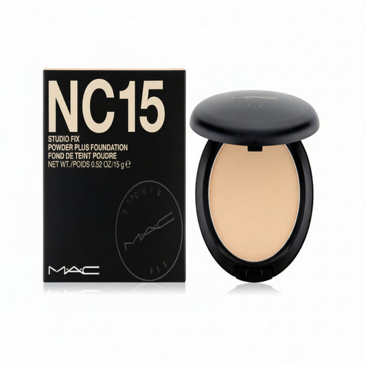 MAC Studio Fix Powder Foundation in NC15 with packaging on a white background
