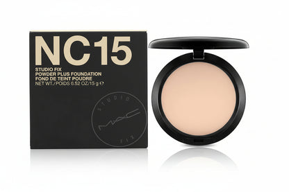 MAC Studio Fix Powder Plus Foundation in NC15 with packaging on a white background