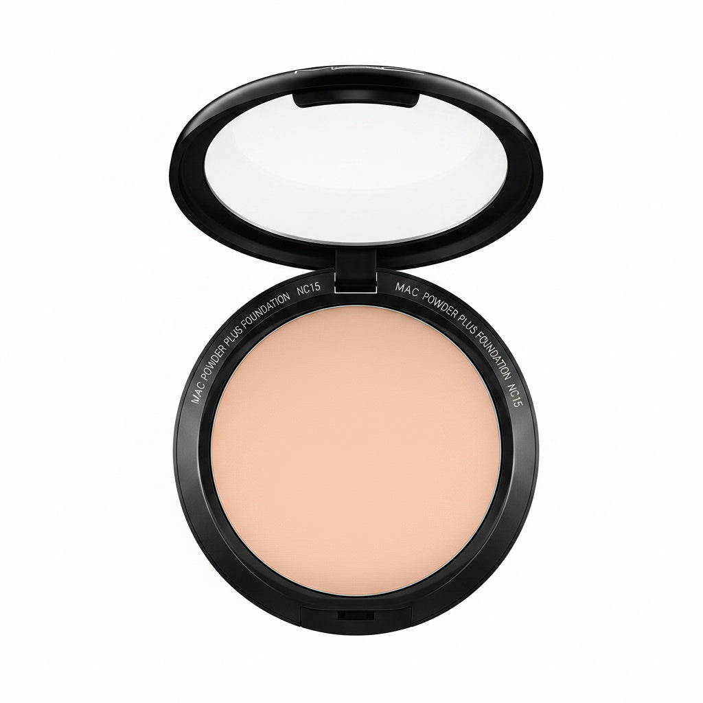 Compact powder in a black case on a white background