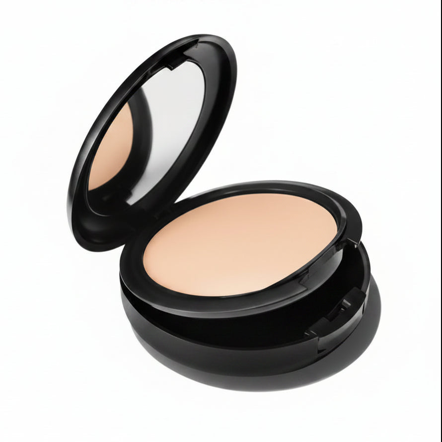 Compact powder in a black case on a white background