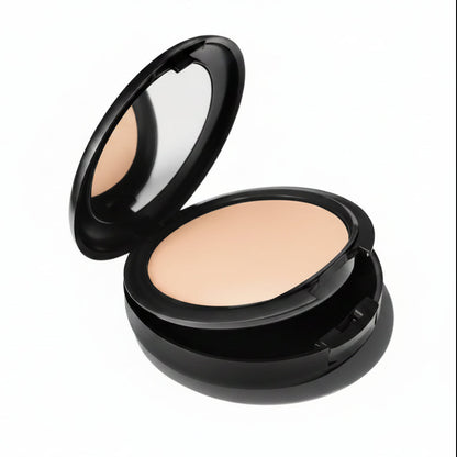 Compact powder in a black case on a white background