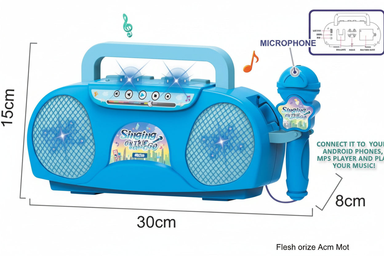 Blue children's boombox with microphone and light effects, dimensions displayed.