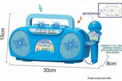 Blue children's boombox with microphone and light effects, dimensions displayed.