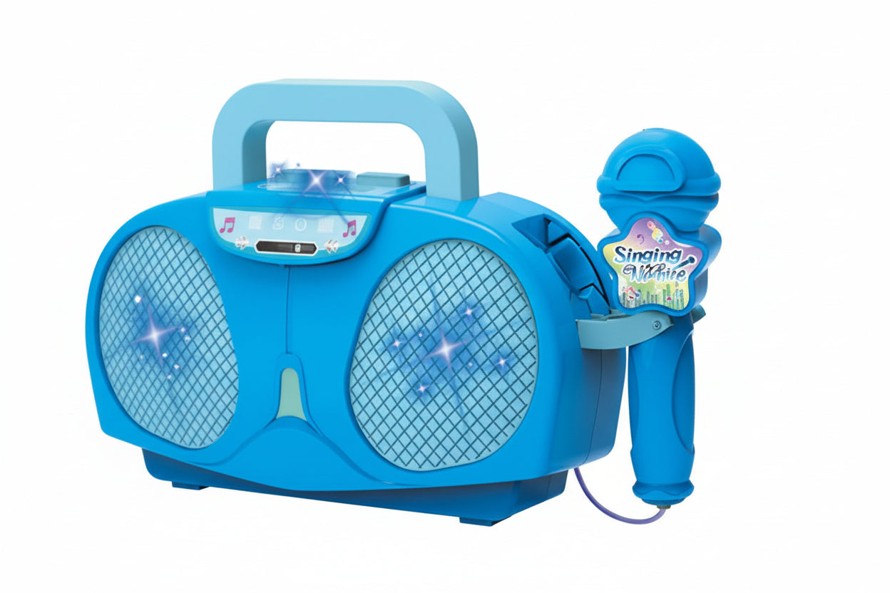 Blue toy radio with microphone and 'Singing Wheel' on a white background