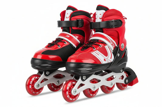 Red and black inline skates on a white background