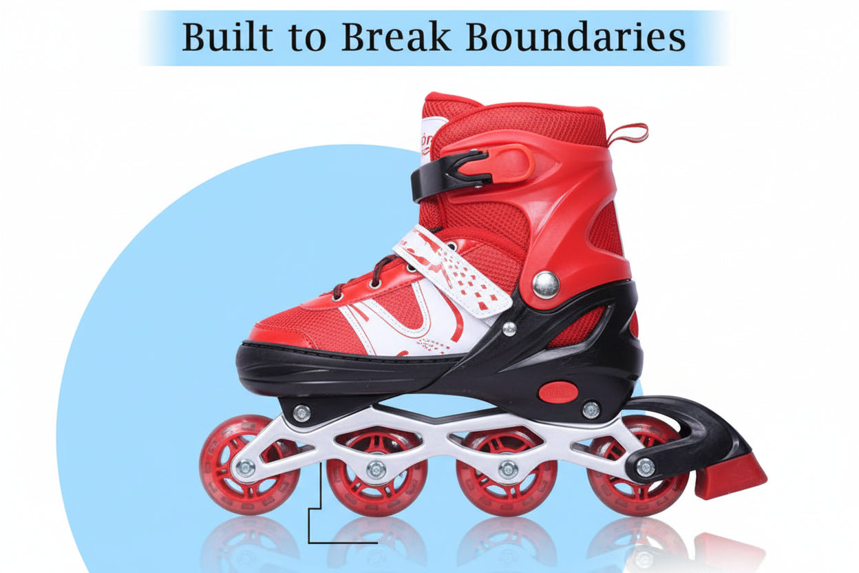 Red and black inline skate with 'Built to Break Boundaries' text above and 'Premium Performance' text below.