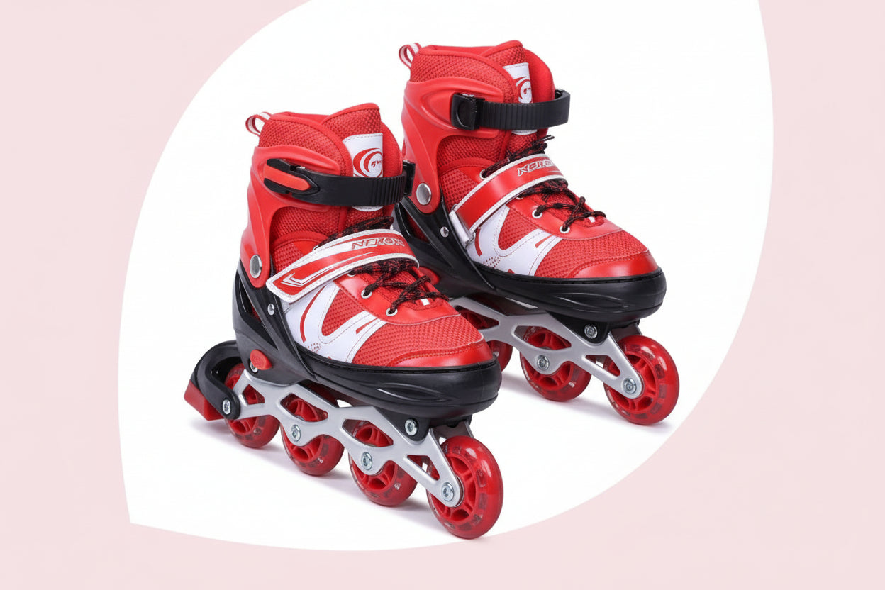 Red and black inline skates on a light pink background