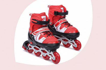 Red and black inline skates on a light pink background