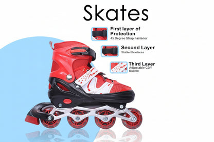 Red inline skate with protective features highlighted on a light blue background