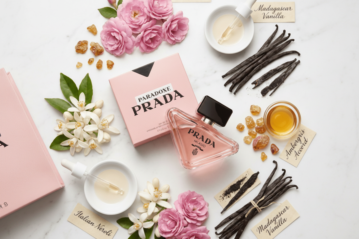 Prada Paradiso perfume bottle with flowers, vanilla beans, and candles on a white background