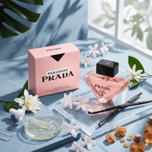 Prada Paradoxe perfume bottle and packaging on a light blue surface with flowers and vanilla beans.