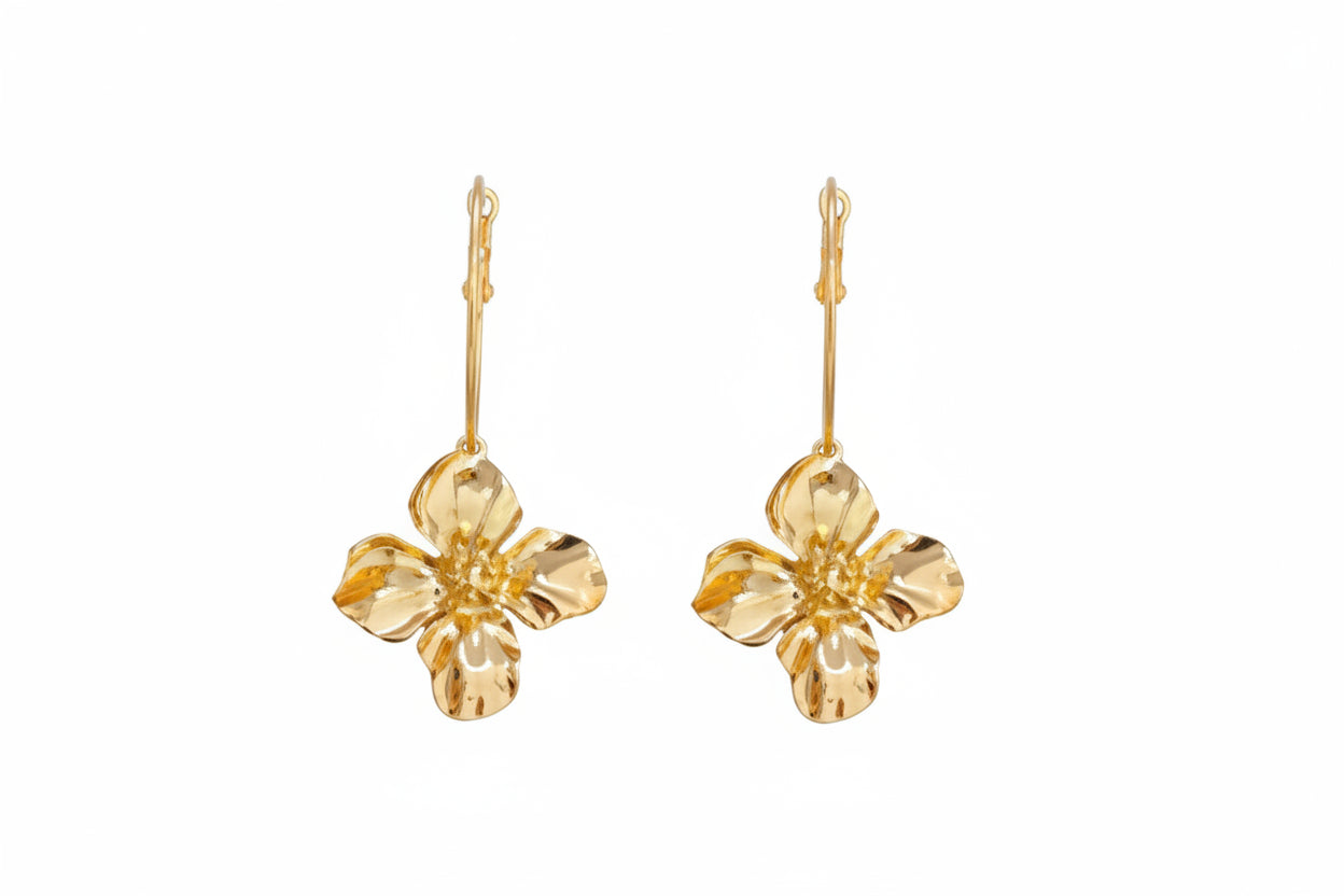 Gold flower-shaped earrings on a white background