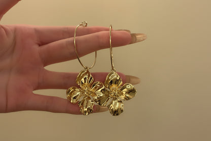 Gold flower-shaped earrings held by a hand against a beige background