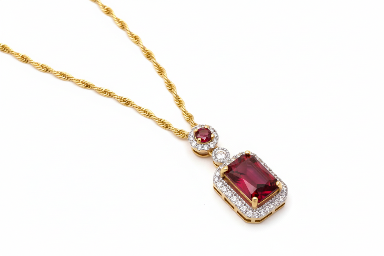 Gold necklace with a red gemstone pendant on a white background